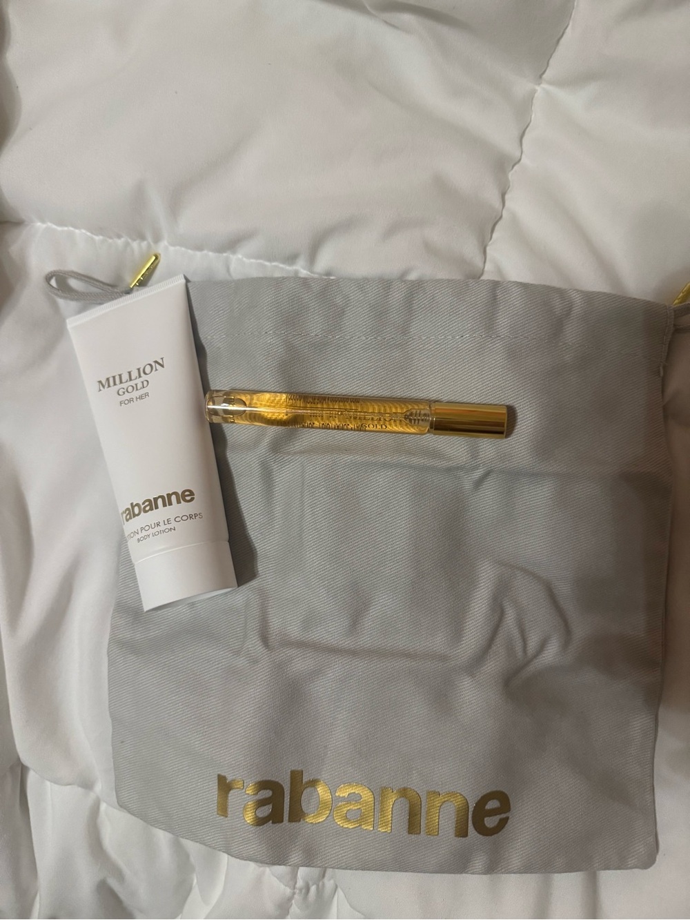 paco rabanne gift set with Gray Drawstring Bedding Accessory Bag with Gold Logo